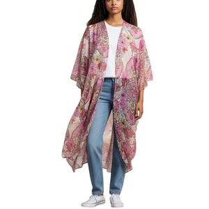 Floral Paisley Print Sheer Pink Kimono Duster Bohemian Festival Cover‎ Up